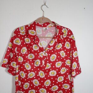 Vintage Nikki Women's 18 Daisy Print Button Up Short Sleeve Polyester Shirt